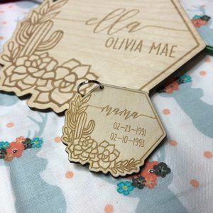 Custom Mama Birth Dates Keychain Succulent Design
